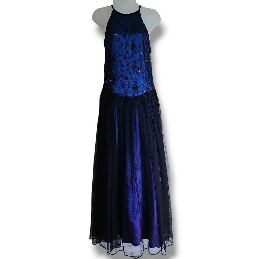 Y2K Roberta Formal Dress Size 13/14 Black Blue Sequin Prom Evening Long Gown